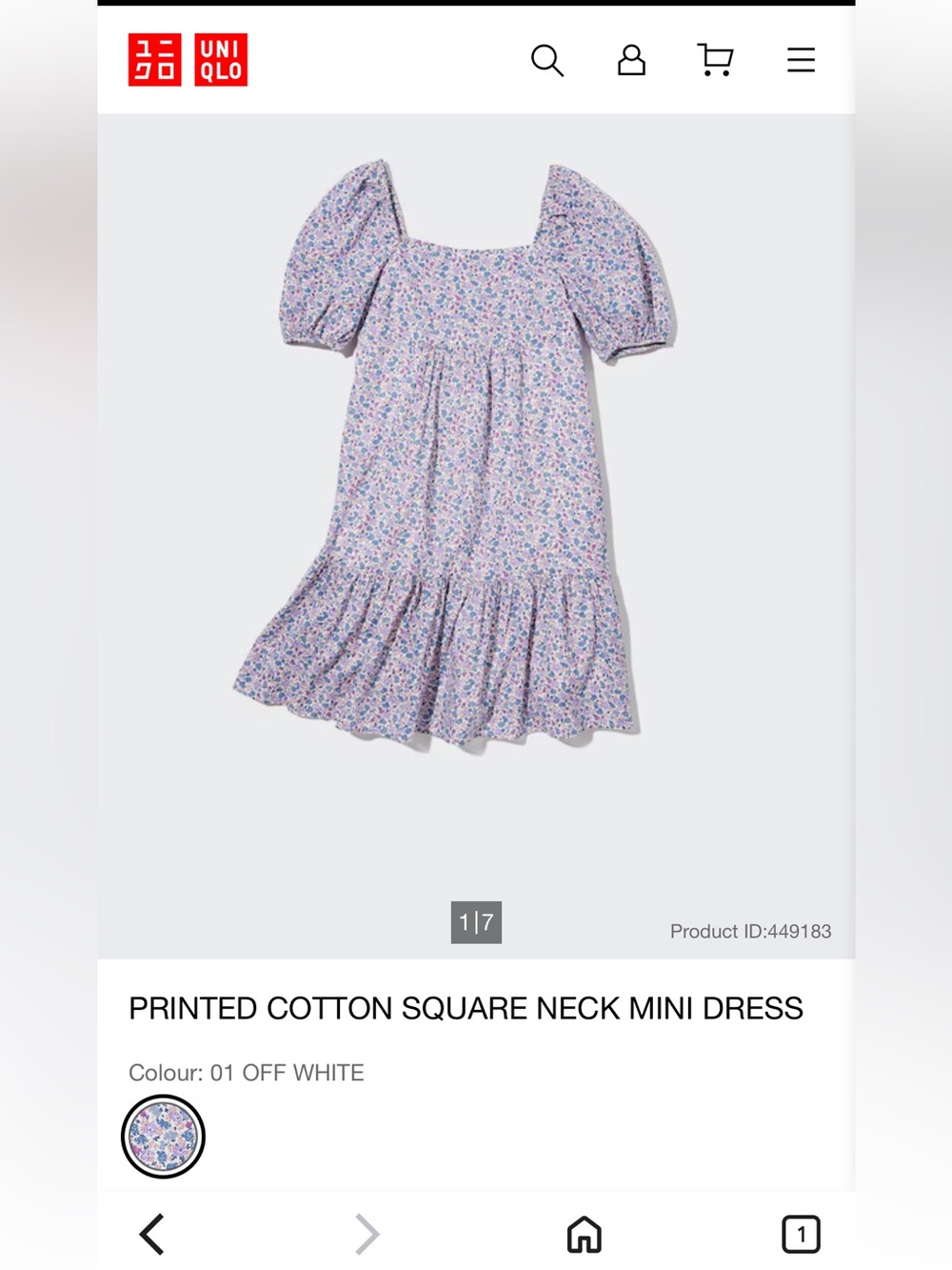 UNIQLO Printed Cotton Square Neck Mini Dress in Off-White Floral